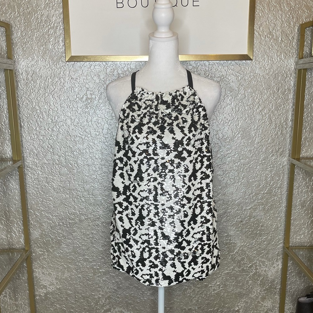 INC Black Animal Print Sequin Halter Top